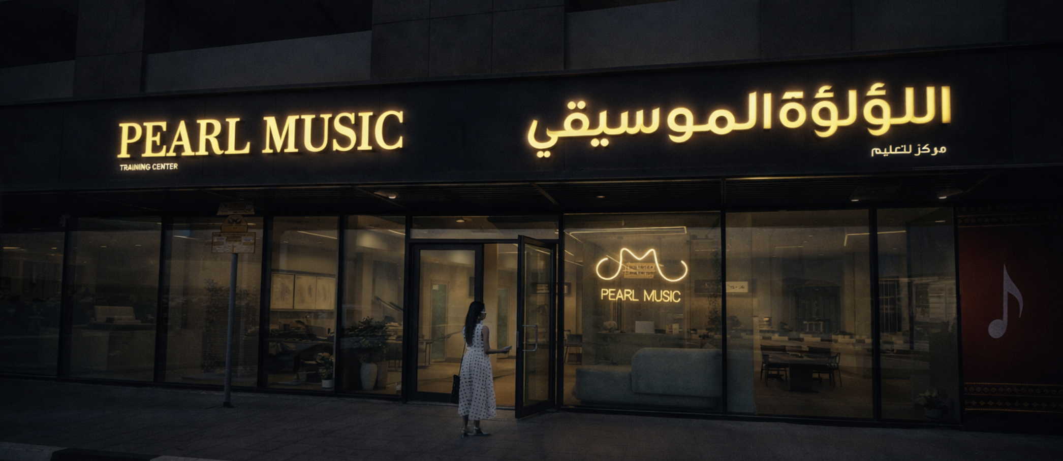 Pearl Music Training Center exterior at night